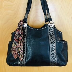 Brighton Calle Black Leather Satchel Purse Handbag w/Pewter Accents Side Pockets